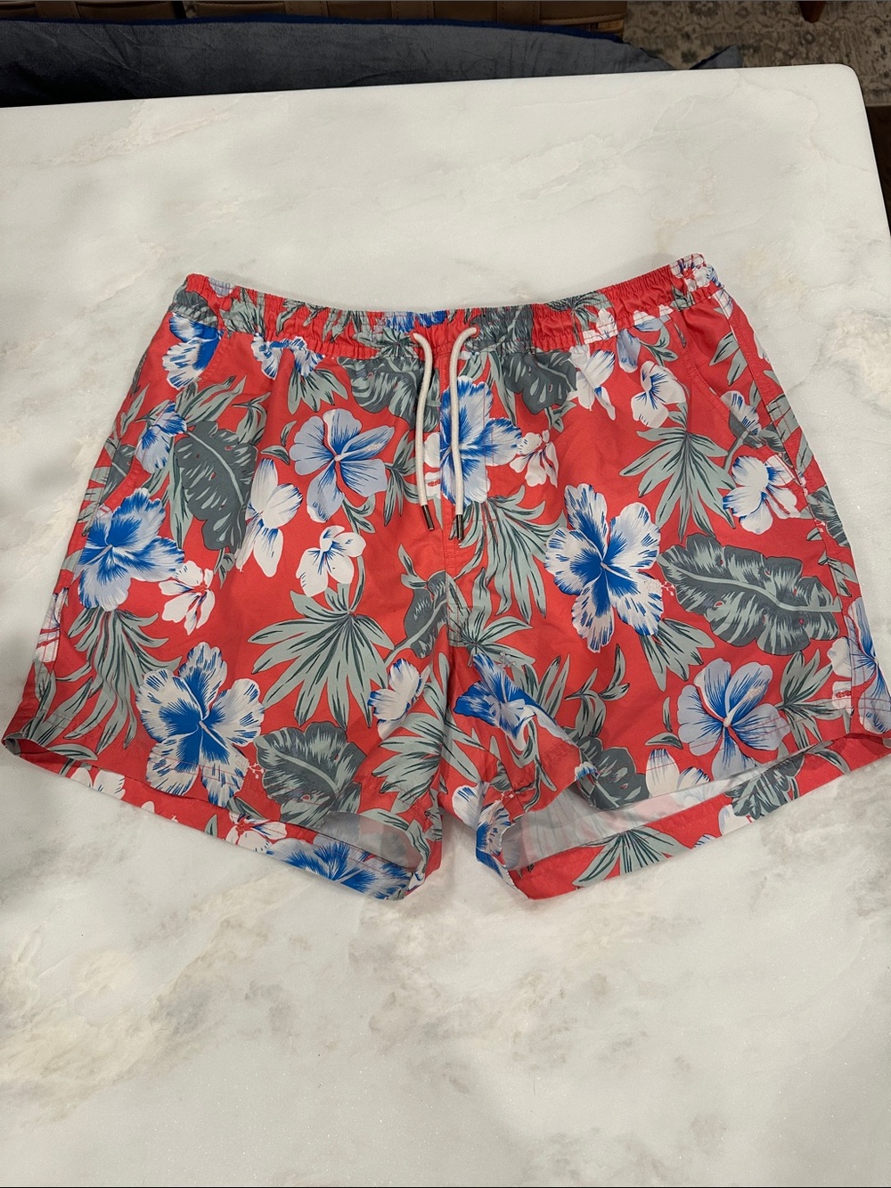 American Eagle Outfitters Red Floral Swim Trunks with Blue Accents